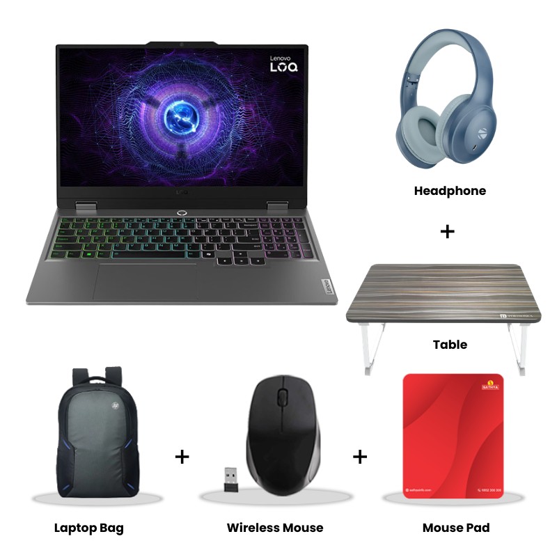 Lenovo LOQ -  Intel Core i5-13450HX 15.6" (39.6cm) 83DV01B8IN  Gaming Laptop (16GB/  512GB SSD/ Full HD Display/  NVIDIA GeForce RTX 3050A 4GB GDDR6/ E-shutter/ Anti-Glare/ 100% sRGB/ 144Hz/ Windows 11 Home/ Office Home 2024/ 1Year Warranty/ Luna Grey/ 2.38 kg) Zebronics Paradise Neo R Headset + Wireless Mouse + Mouse Pad + Laptop Table