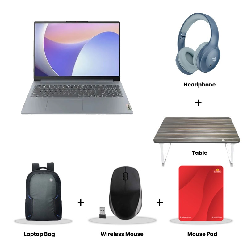 Lenovo IdeaPad Slim 3 - Intel Core i3-1315U 15.6" (39.62 cm) 82X700G3IN Thin & Light Laptop (8GB/ 512GB SSD/ Full HD Display/ Camera Privacy Shutter/ Anti-glare/ Integrated Intel UHD Graphics/ Windows 11 Home/ MS Office 2024/ 1Year Warranty/ Arctic Grey/ 1.62 kg)  Zebronics Paradise Neo R Headset + Wireless Mouse + Mouse Pad + Laptop Table