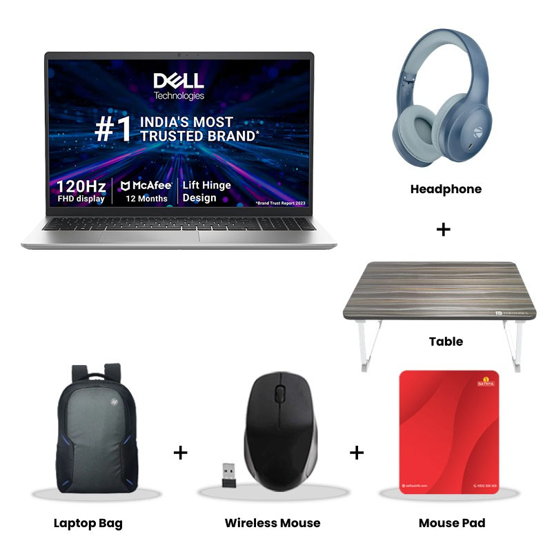 Dell DC15250  - 13th Gen Intel Core i7 15.6" (39.62cm) Thin & Light Laptop (16GB/ 512GB SSD/ Full HD Display/ Windows 11 Home/ MS Office 2024/ Intel UHD Graphics/ Backlit Keyboard / 1 Year Warranty/ Platinum Silver/ 1.65kg)   Zebronics Paradise Neo R Headset + Wireless Mouse + Mouse Pad + Laptop Table