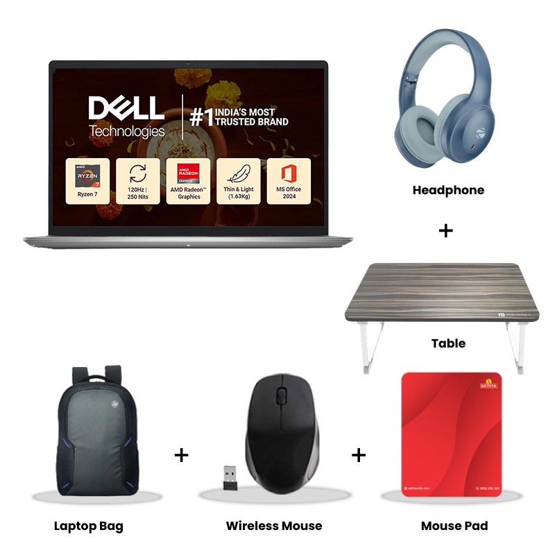 Dell 15 - AMD Ryzen 7-7730U 15.6" (39.62cm) Thin & Light Laptop (16GB/ 512GB SSD/ Full HD Display/ AMD Radeon Graphics/ Standard Keyboard/ Windows 11 Home/ Office Home 2024 + M365 Basic/ 1Year Warranty/ Platinum Silver/ 1.63Kg) Zebronics Paradise Neo R Headset + Wireless Mouse + Mouse Pad + Laptop Table