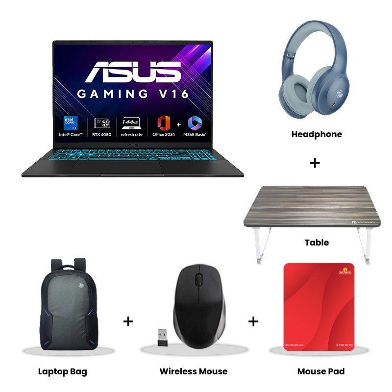 Asus Gaming V16 - Intel Core 5 210H 16" (40.64 cm) V3607VU-RP550WS Gaming Laptop (16GB/ 512GB SSD/ 6GB GDDR6 NVIDIA GeForce RTX 4050/ Windows 11 Home/ MS Office 2024/ 1Year Warranty/ Black/ 1.95 Kg) Zebronics Paradise Neo R Headset + Wireless Mouse + Mouse Pad + Laptop Table
