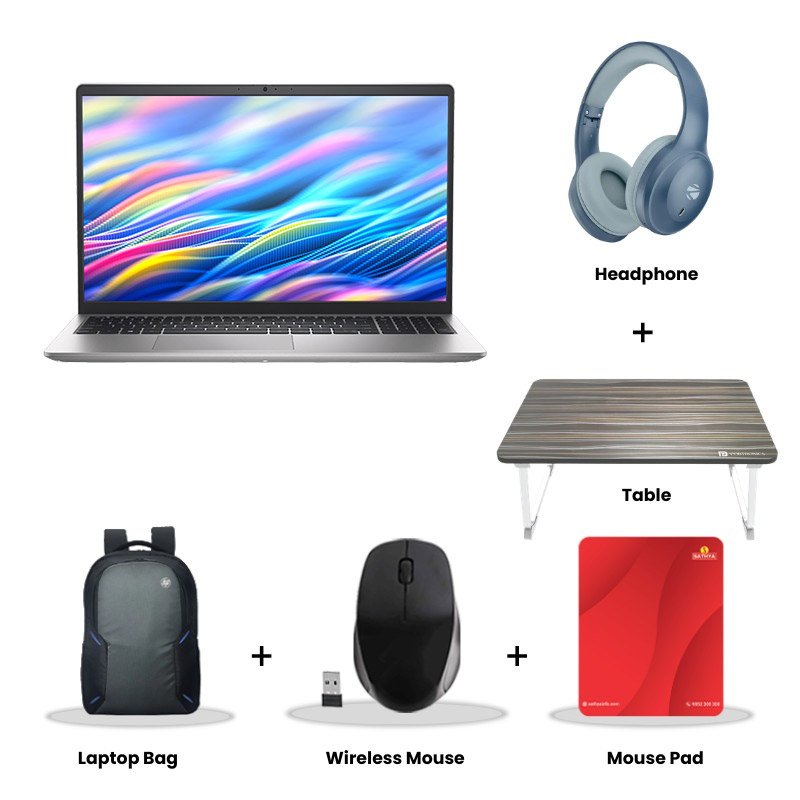 Dell 15 - Intel Core 3-100U 15.6" (39.62cm) Thin & Light Laptop (8GB/ 512GB SSD/ Full HD Display/ Intel UHD Graphics/ Windows 11 Home/ MS Office 2024/ 1 Year Warranty/ Platinum Silver/ 1.90 kg) Zebronics Paradise Neo R Headset + Wireless Mouse + Mouse Pad + Laptop Table + Laptop Bag