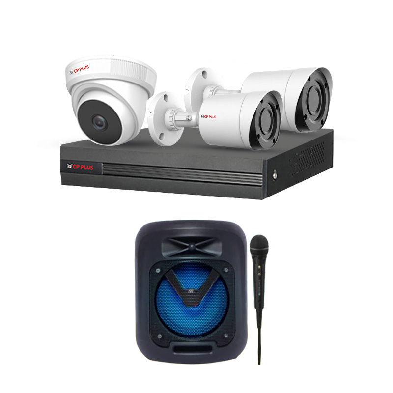 CP PLUS 3 CCTV Cameras Combo (1 Indoor & 2 Outdoor CCTV Cameras with mic) + DVR + HDD + Accessories + Power Supply + 60m Cable + Zebronics Wireless Speaker