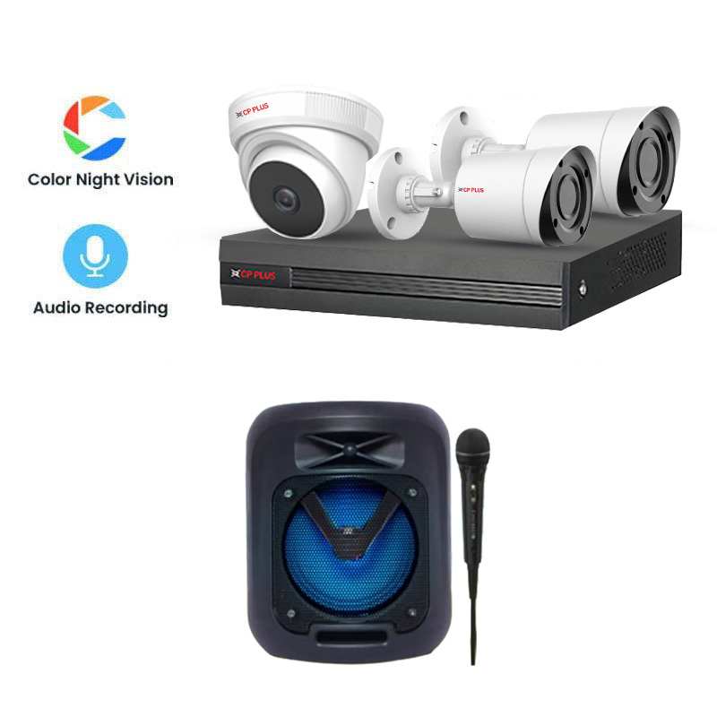CP PLUS 3 CCTV Cameras Combo (1 Indoor & 2 Outdoor CCTV Cameras) (Colour View With Mic) 👨🏻‍🔧 With CCTV Installation + DVR + HDD + Accessories + Power Supply + 60m Cable  + Zebronics Wireless Speaker