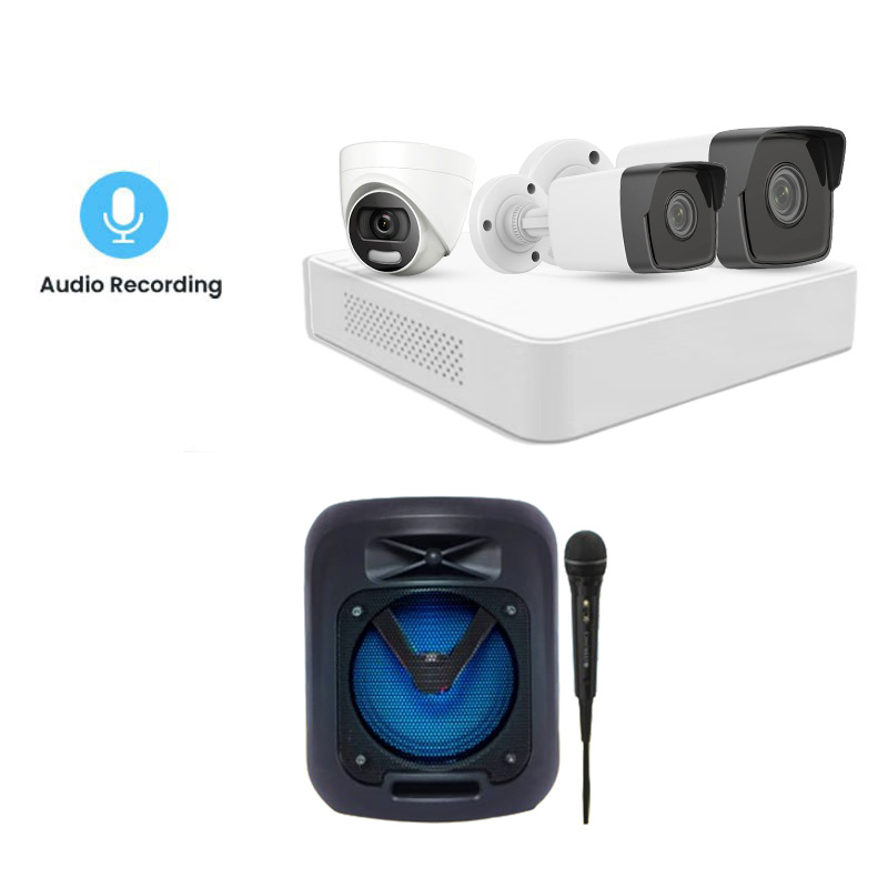 Hikvision 3 CCTV Cameras Combo (1 Indoor & 2 Outdoor CCTV Cameras) + 4CH DVR + HDD + Accessories + Power Supply + 60m Cable +  Zebronics Wireless Speaker