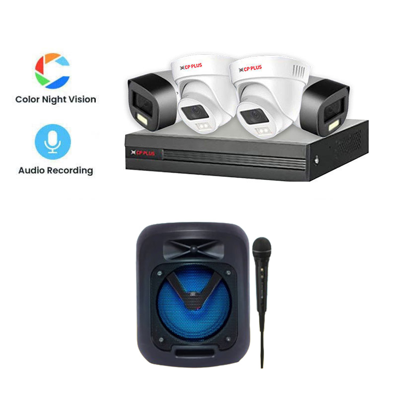 CP PLUS 4 CCTV Cameras Combo (2 Indoor & 2 Outdoor CCTV Cameras) (Colour's View with mic) + DVR + HDD + Accessories + Power Supply + 90m Cable + Zebronics Wireless Speaker