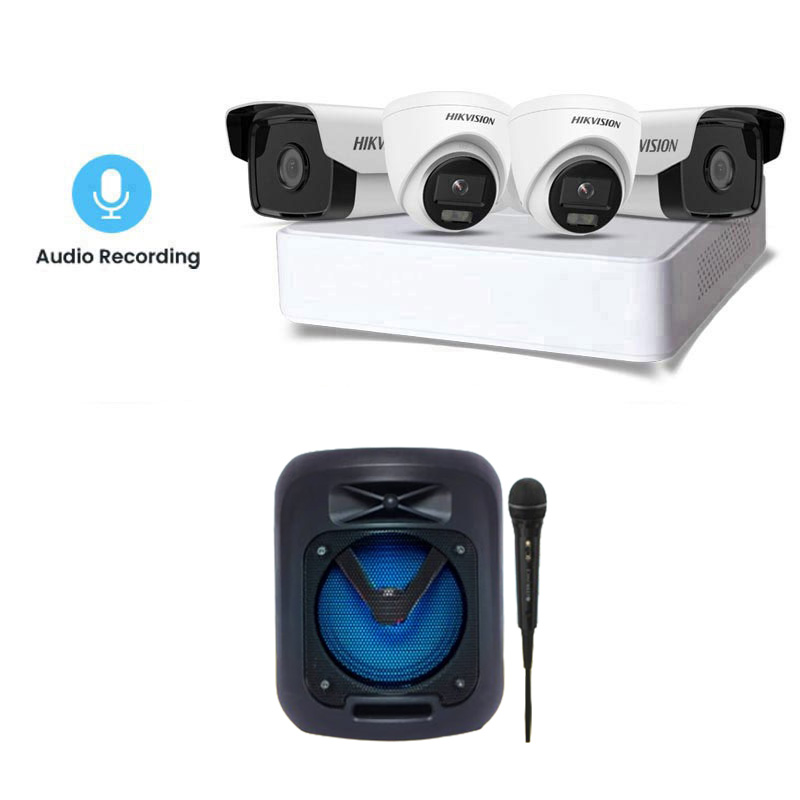 Hikvision 4 CCTV Cameras Combo (2 Indoor & 2 Outdoor CCTV Cameras) + 4CH DVR + HDD + Accessories + Power Supply + 90m Cable + Zebronics Wireless Speaker