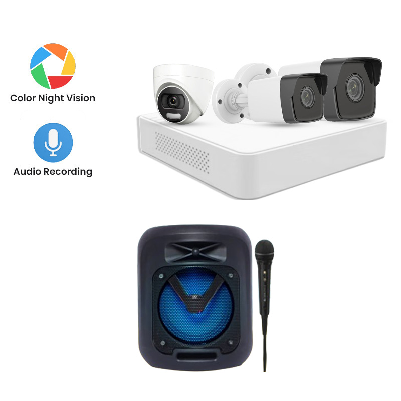 Hikvision 3 CCTV Cameras Combo (1 Indoor & 2 Outdoor CCTV Cameras) (Colour's View with mic) 👨🏻‍🔧With CCTV Installation + 4CH DVR + HDD + Accessories + Power Supply + 60m Cable +  Zebronics Wireless Speaker