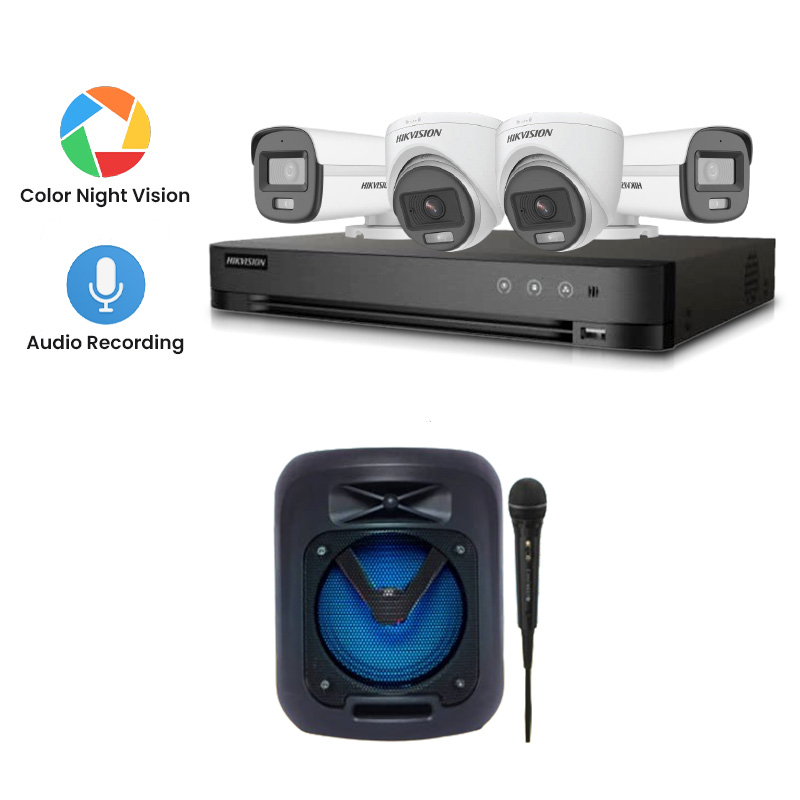 Hikvision 4 CCTV Cameras Combo (2 Indoor & 2 Outdoor CCTV Cameras) (Colour's View with mic) 👨🏻‍🔧With CCTV Installation + 4CH DVR + HDD + Accessories + Power Supply + 90m Cable + Zebronics Wireless Speaker