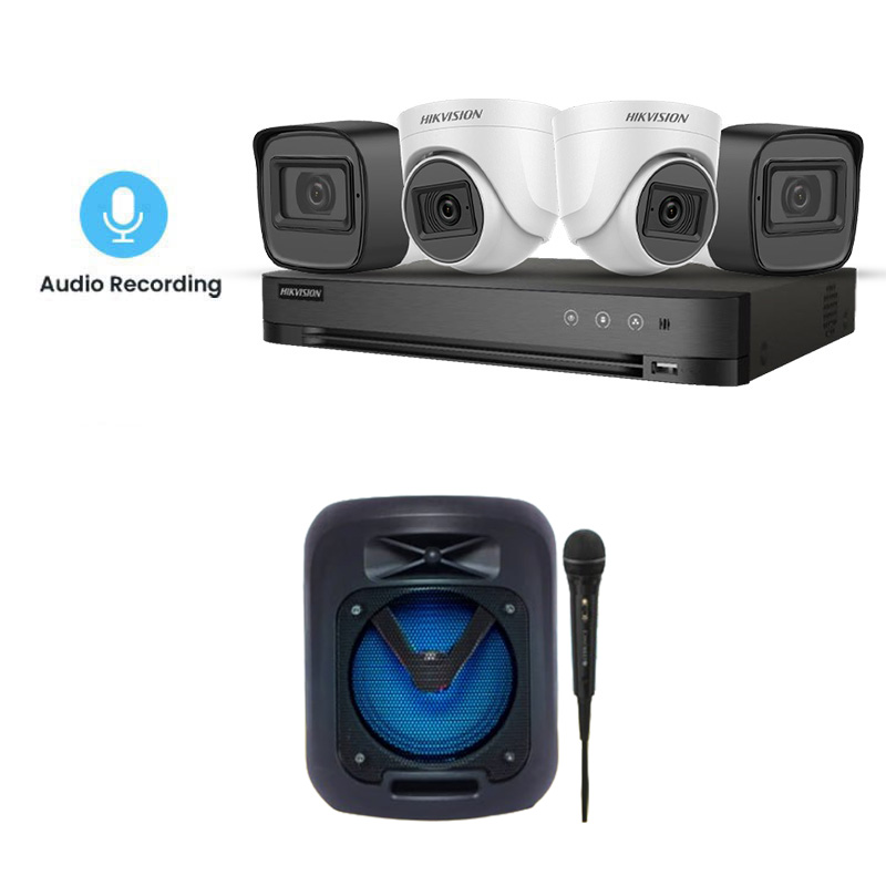 Hikvision 5 MP 4 CCTV Cameras Combo (2 Indoor & 2 Outdoor CCTV Cameras) (Normal View with Mic) 👨🏻‍🔧with CCTV Installation + 4CH DVR + HDD + Accessories + Power Supply + 90m Cable + Zebronics Wireless Speaker