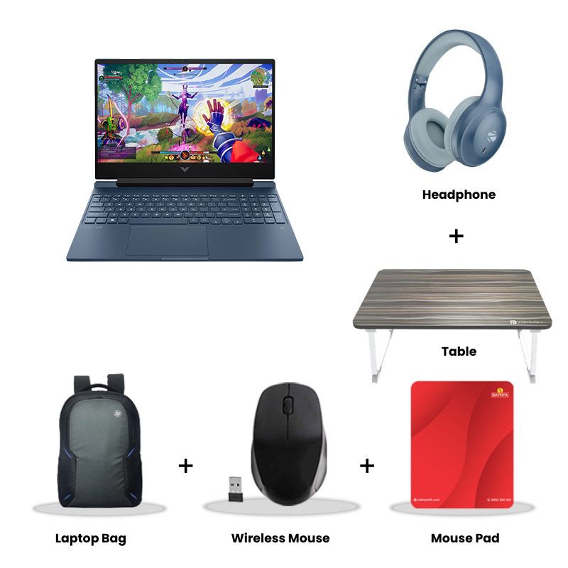 HP Victus - AMD Ryzen 7-7445HS 15.6" (39.6 cm) 15-FB3189AX Gaming Laptop (16GB DDR5-5600/ 512 GB SSD/ Full HD Display/ NVIDIA GeForce RTX 2050 4GB/ Windows 11 Home/ MS Office/ 1Year Warranty/ Performance Blue/ 2.29 kg)  Zebronics Paradise Neo R Headset + Wireless Mouse + Mouse Pad + Laptop Table