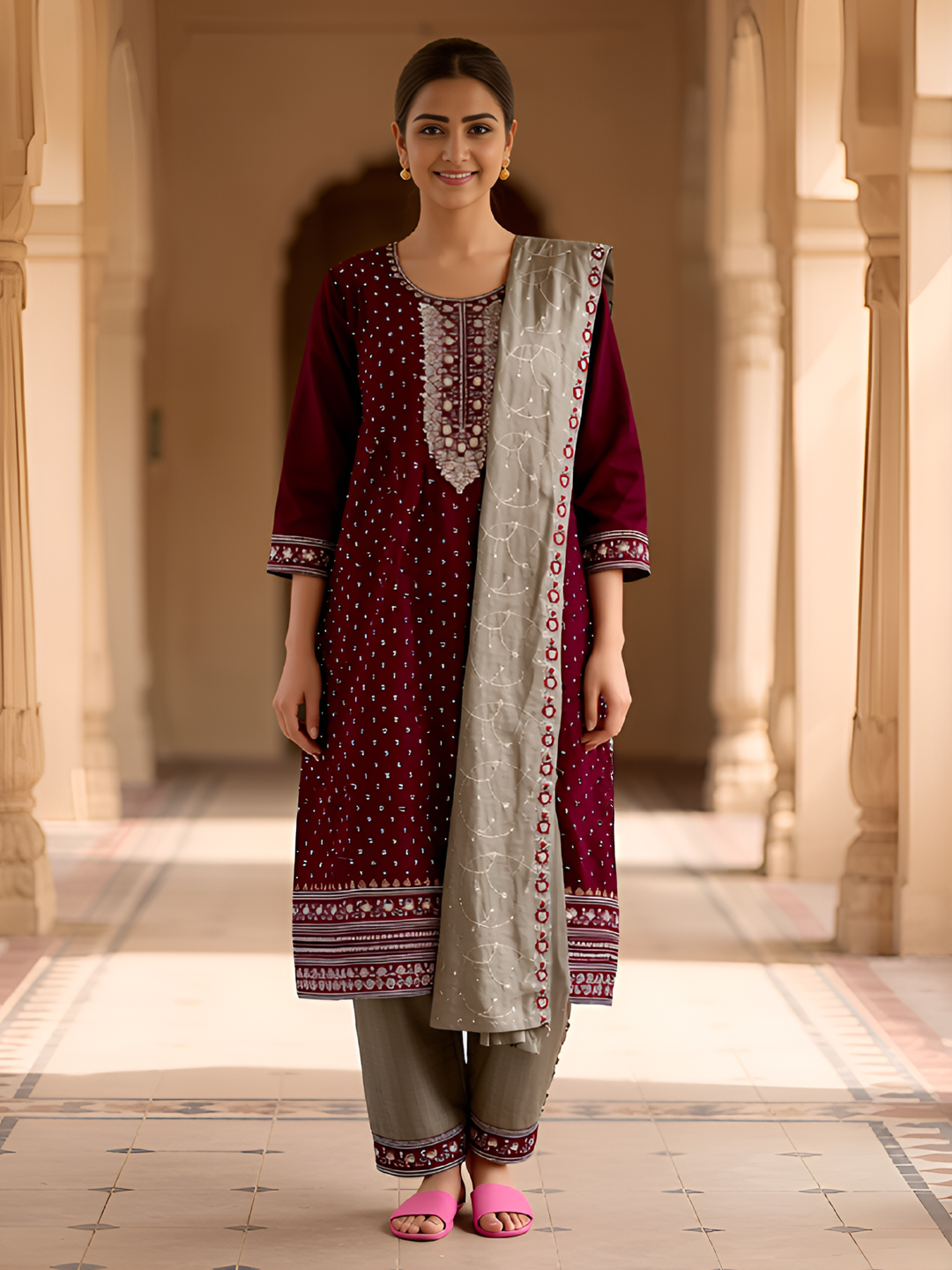 Ethnic Embroidered Straight-Cut Kurta with Pant & Dupatta Set