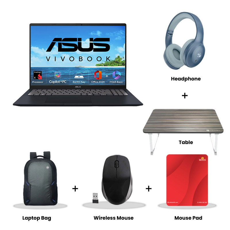 Asus Vivobook 16 (2025) - Snapdragon X X1 26 100 16" (40.64 cm) X1607QA-MB049WS AI Powered Thin and Light Laptop (16GB/ 512GB SSD/ WUXGA Display/ Qualcomm Adreno GPU/ Windows 11 Home/ Office Home 2024/ 1Year Warranty/ Quiet Blue/ 1.88 kg)  Zebronics Paradise Neo R Headset + Wireless Mouse + Mouse Pad + Laptop Table