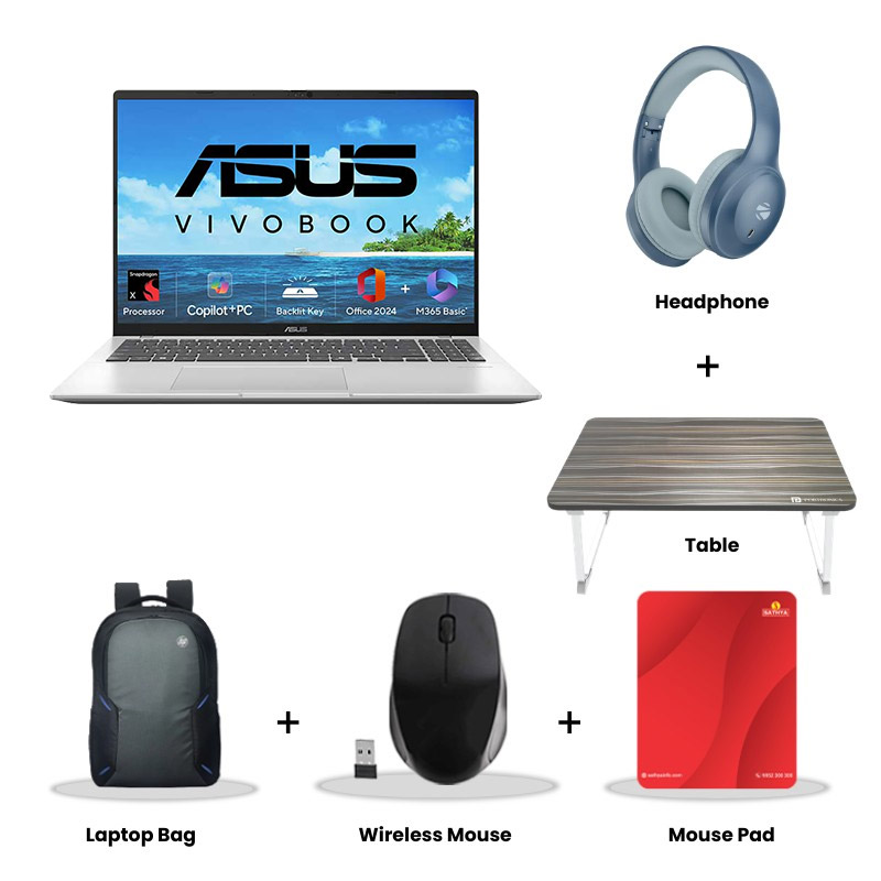 Asus Vivobook 16 (2025) - Snapdragon X X1 26 100 16" (40.64 cm) X1607QA-MB050WS AI Powered Thin and Light Laptop (16GB/ 512GB SSD/ WUXGA Display/ Qualcomm Adreno GPU/ Windows 11 Home/ Office Home 2024/ 1Year Warranty/ Cool Silver/ 1.88 kg)   Zebronics Paradise Neo R Headset + Wireless Mouse + Mouse Pad + Laptop Table