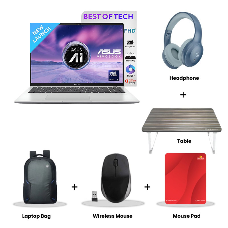 Asus Vivobook 16 - Intel Core Ultra 5 225H 16" (40.64 cm) X1607CA-MB142WS AI Powered Thin and Light Laptop (16GB/ 512GB SSD/ WUXGA Display/ Intel Graphics/ Windows 11 Home/ Office Home 2024/ 1Year Warranty/ Cool Silver/ 1.88 kg) Zebronics Paradise Neo R Headset + Wireless Mouse + Mouse Pad + Laptop Table + Laptop Bag