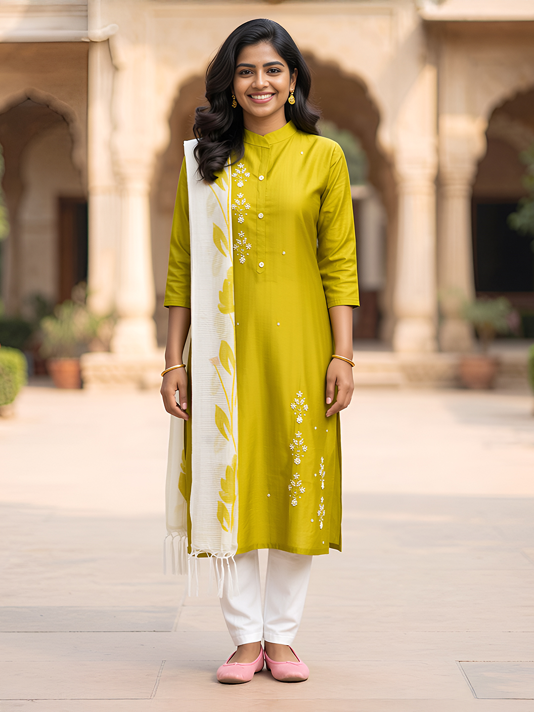 Mandarin Collar Neckline Pearl  Embroidery  Salwar Suit Set