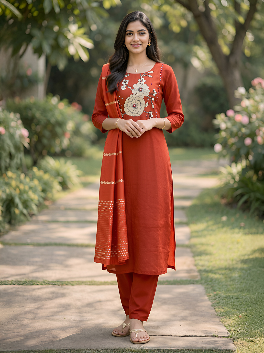 Floral Printed Mirror Work Ethnic  Salwar Suit Set