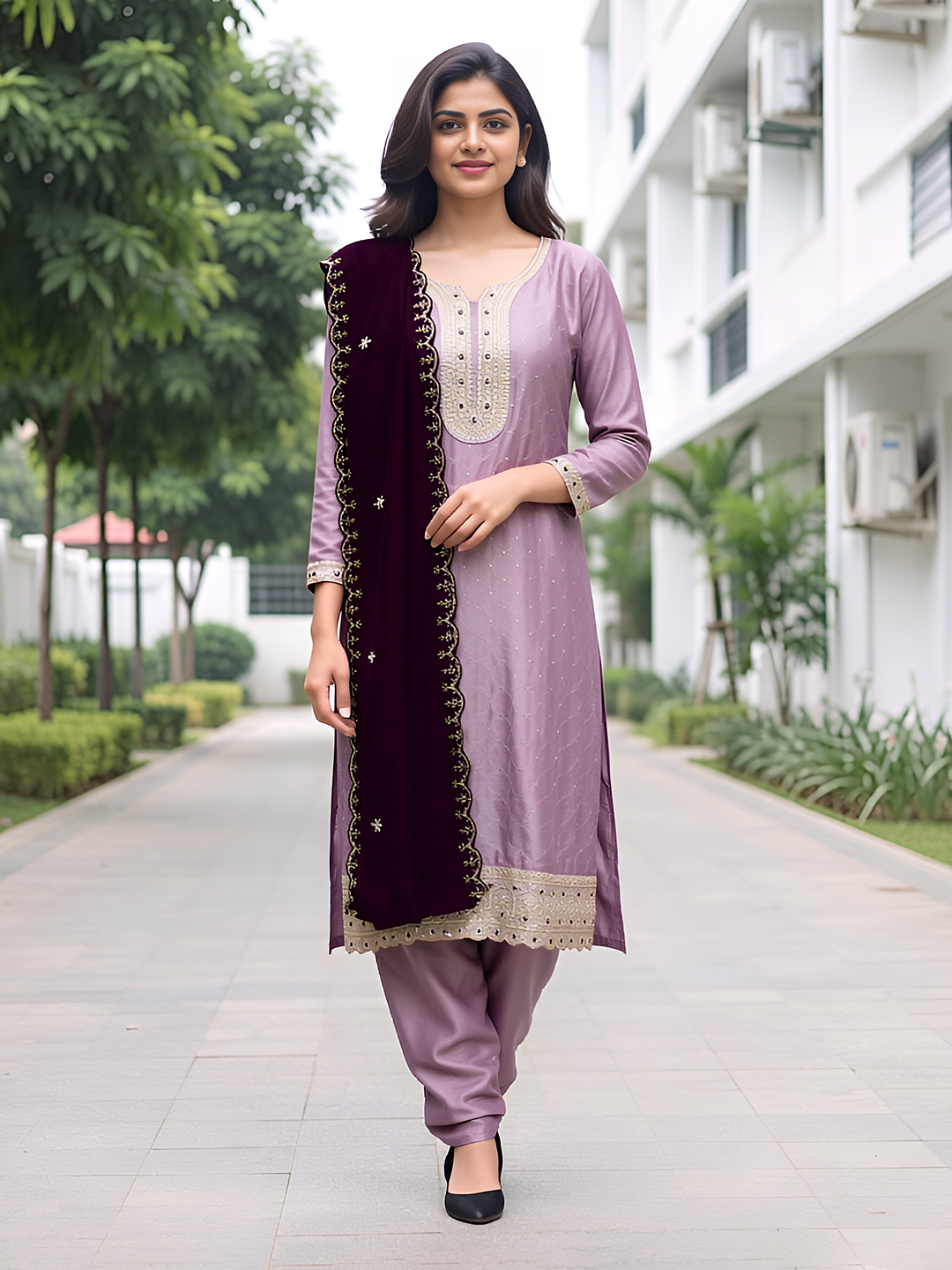 Embroidery Sequinned Straight-Cut Salwar Suit Set