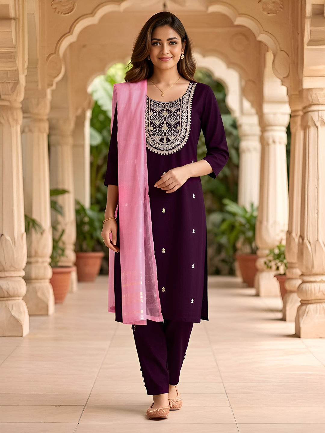 Elegant Embroidery Neckline Straight-Cut Salwar Suit Set