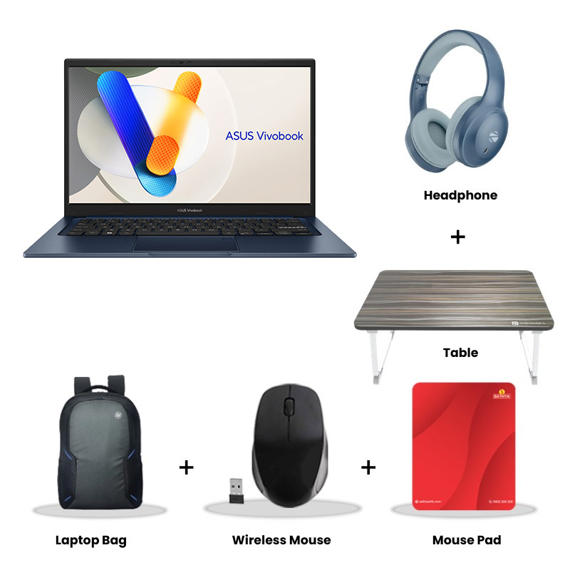 Asus  Vivobook 14 - Intel Core 5 120U 14" (35.56 cms) X1404VAP-EB1522WS Thin & Light Laptop (8GB/ 512GB SSD/  Full HD Display/  Intel Graphics/ Windows 11 Home/ Office Home 2024 + M365 Basic (1 Year Validity)/ 1Year Warranty/ Quiet Blue/ 1.40 kg) Zebronics Paradise Neo R Headset + Wireless Mouse + Mouse Pad + Laptop Table + Laptop Bag