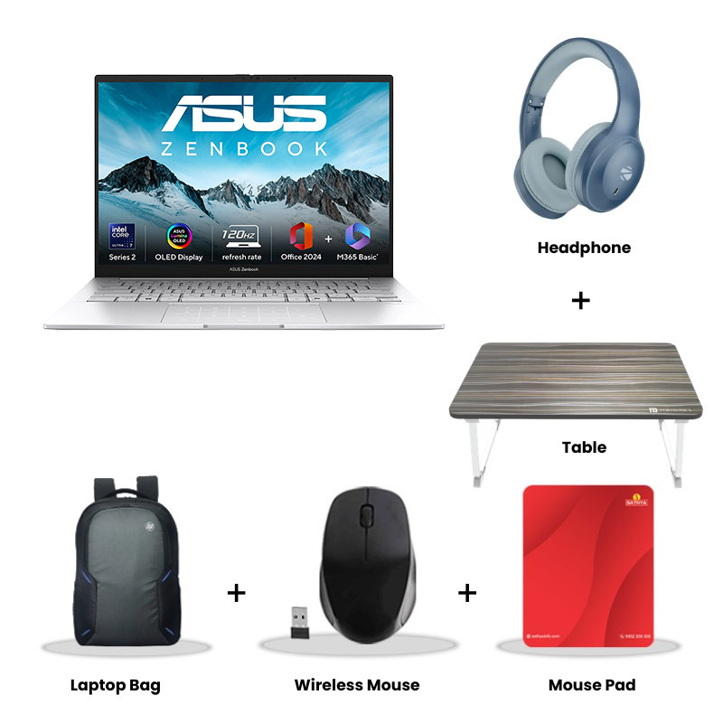 Asus Zenbook 14 OLED -  Intel Core Ultra 7 255H 14" (35.56 cms) UX3405CA-PZ348WS  AI Powered Laptop (32GB/ 1TB SSD/  Intel Arc Graphics/  Windows 11 Home/Office Home 2024 + M365 Basic (1 Year Validity)*)/ Foggy Silver/ 1Year Warranty/ 1.28 kg)  Zebronics Paradise Neo R Headset + Wireless Mouse + Mouse Pad + Laptop Table + Laptop Bag
