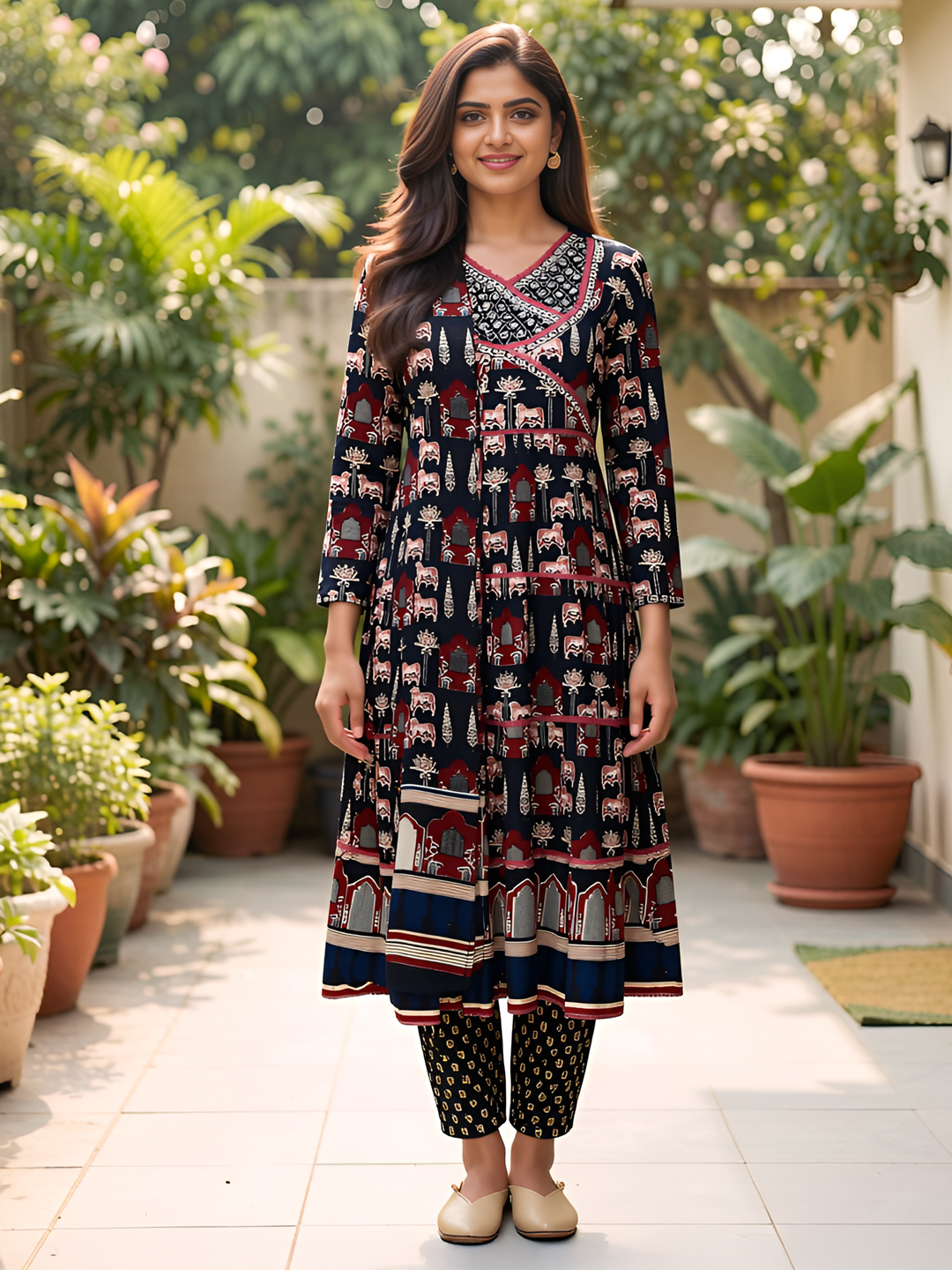 Ethnic Print Traditional Motifs Anarkali  Kurta  with Pant & Dupatta Set