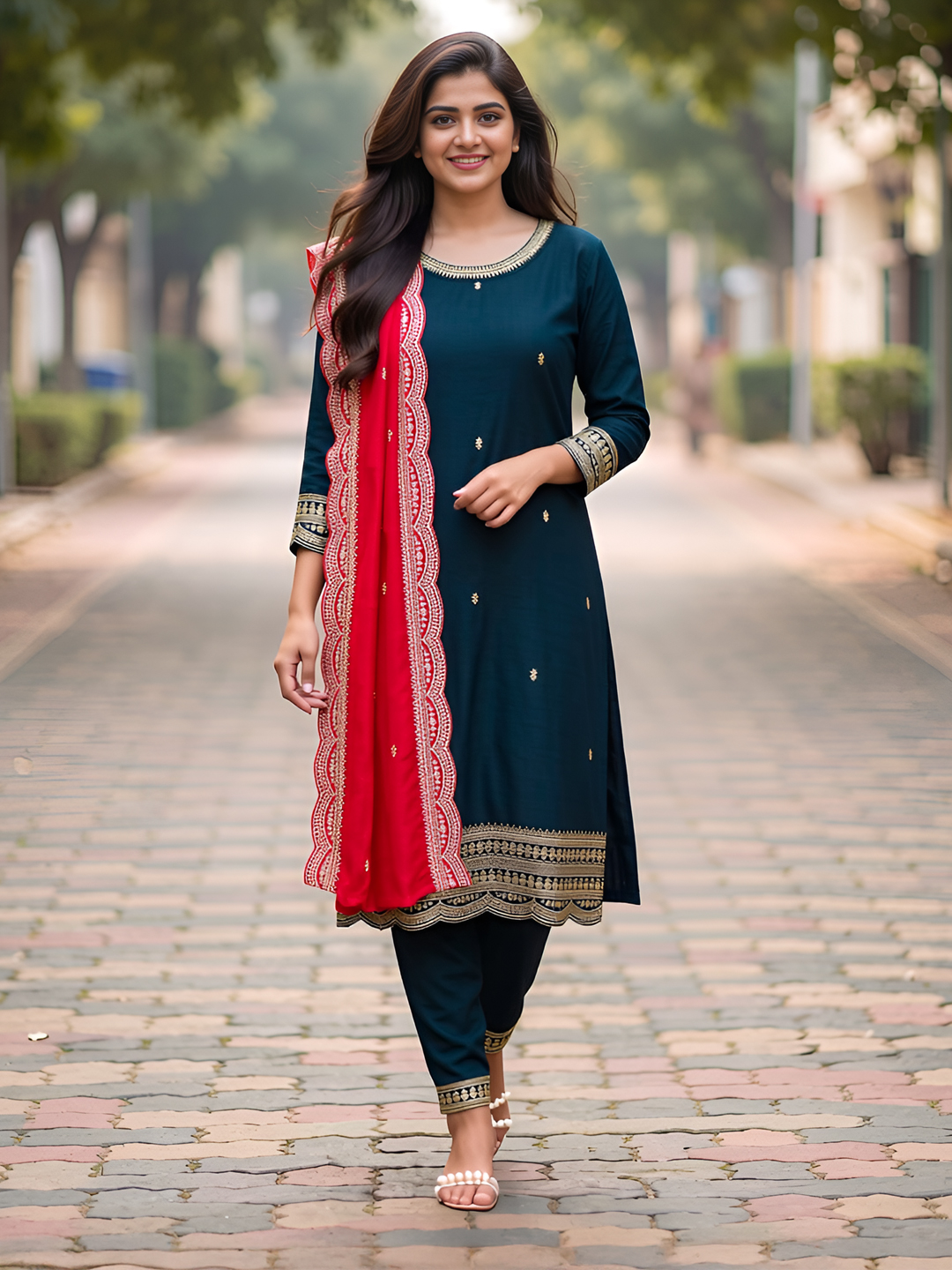 Intricate Embroidery Classic Straight Fit Kurta with Pant & Embroidered Dupatta Set