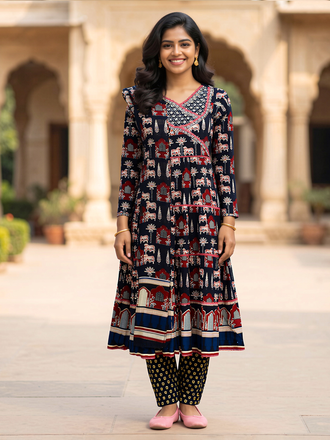 Ethnic Print Traditional Motifs Anarkali  Kurta  with Pant & Dupatta Set