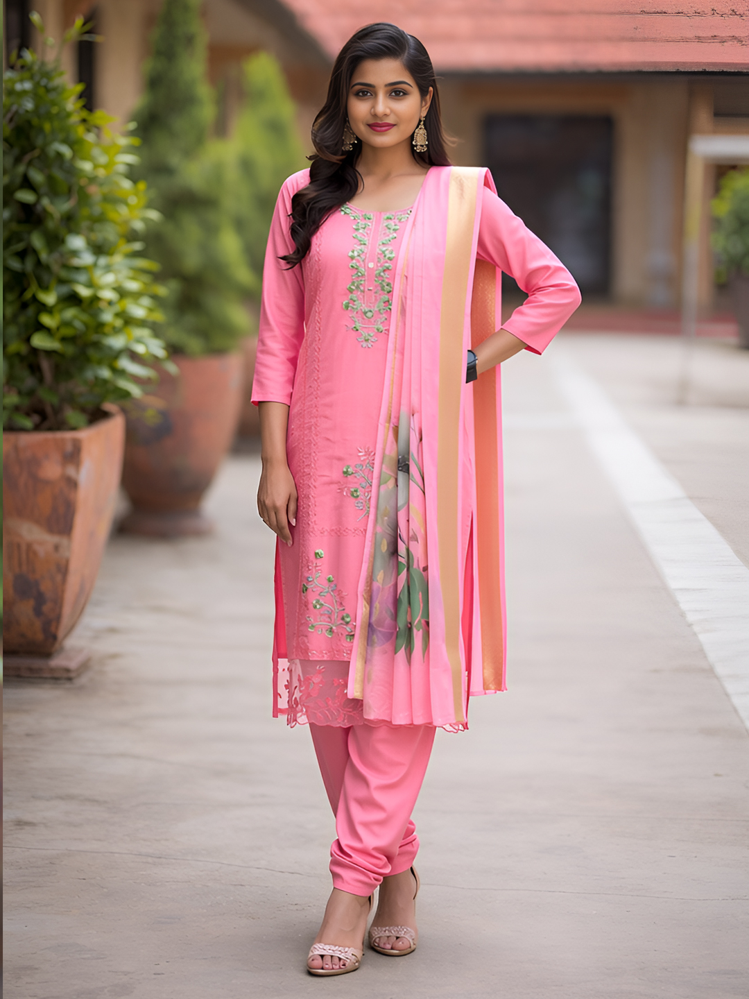 Floral Embroidery  Straight-Cut Salwar Suit Set