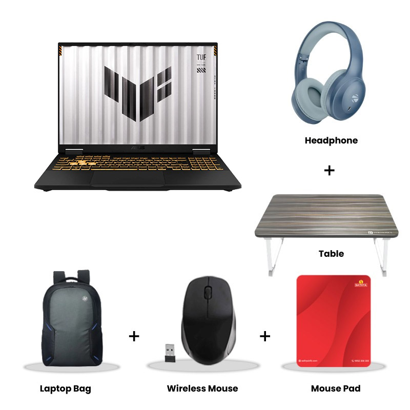Asus TUF Gaming F16 - 14th Gen Intel Core i7-14650HX 16" (40.64cm) FX688JPR-QT043WS Gaming Laptop (32GB/ 1TB SSD/ WQXGA Display/ 8GB GDDR7 NVIDIA GeForce RTX 5070/ Windows 11 Home/ MS Office 2024/ 1Year Warranty/ Jaeger Gray/ 2.20 kg) Zebronics Paradise Neo R Headset + Wireless Mouse + Mouse Pad + Laptop Table