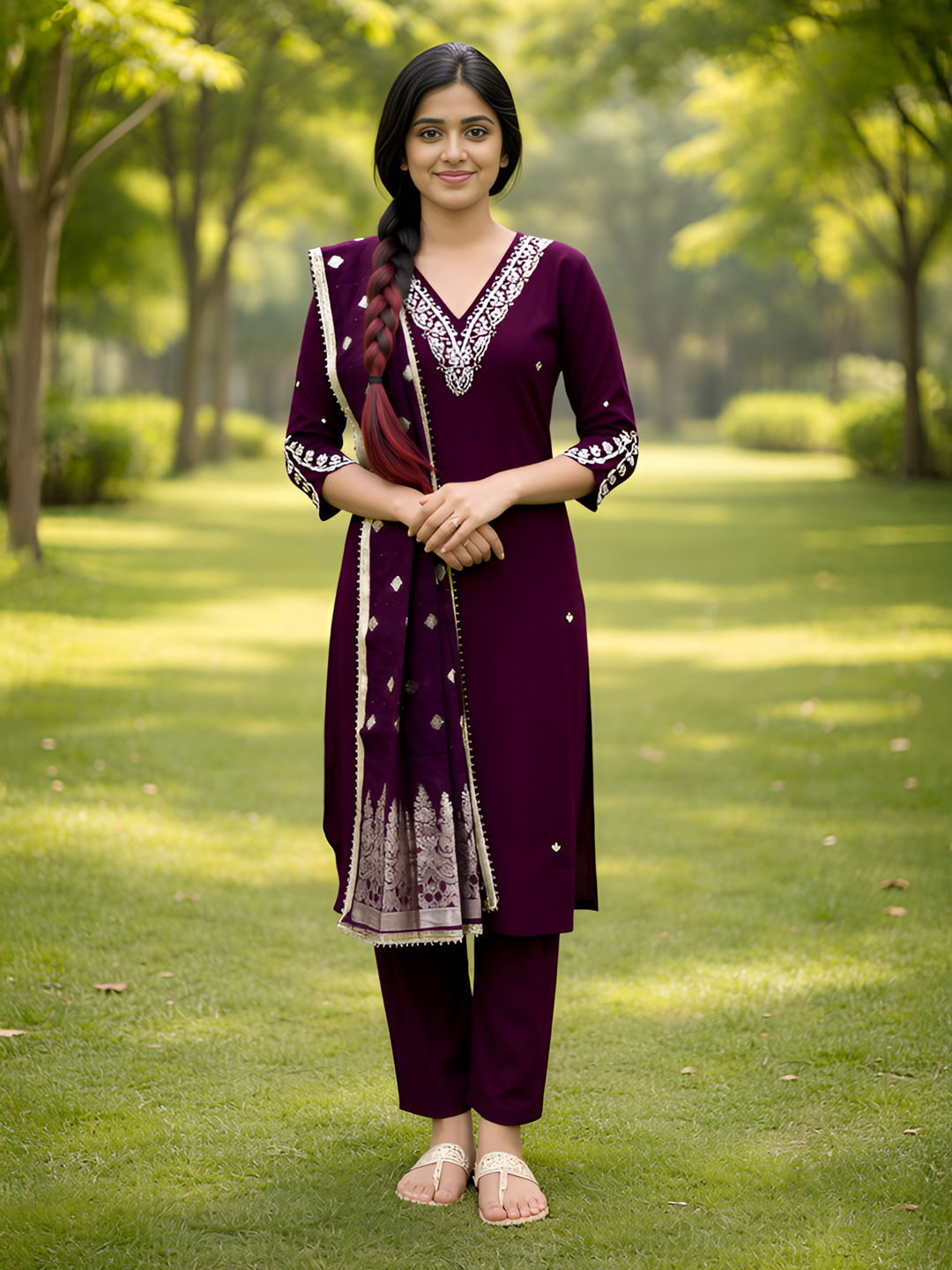 V-Neck Neckline Aari Embroidered Salwar Suit Set