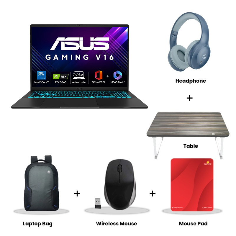 Asus Gaming V16 - Intel Core 7 240H 16" (40.64 cm) V3607VM-RP057WS Gaming Laptop (16GB/ 512GB SSD/ WUXGA Display/ 8GB GDDR7 NVIDIA GeForce RTX 5060/ Windows 11 Home/ Office Home 2024/ 1Year Warranty/ Black/ 1.95 Kg) Zebronics Paradise Neo R Headset + Wireless Mouse + Mouse Pad + Laptop Table + Laptop Bag