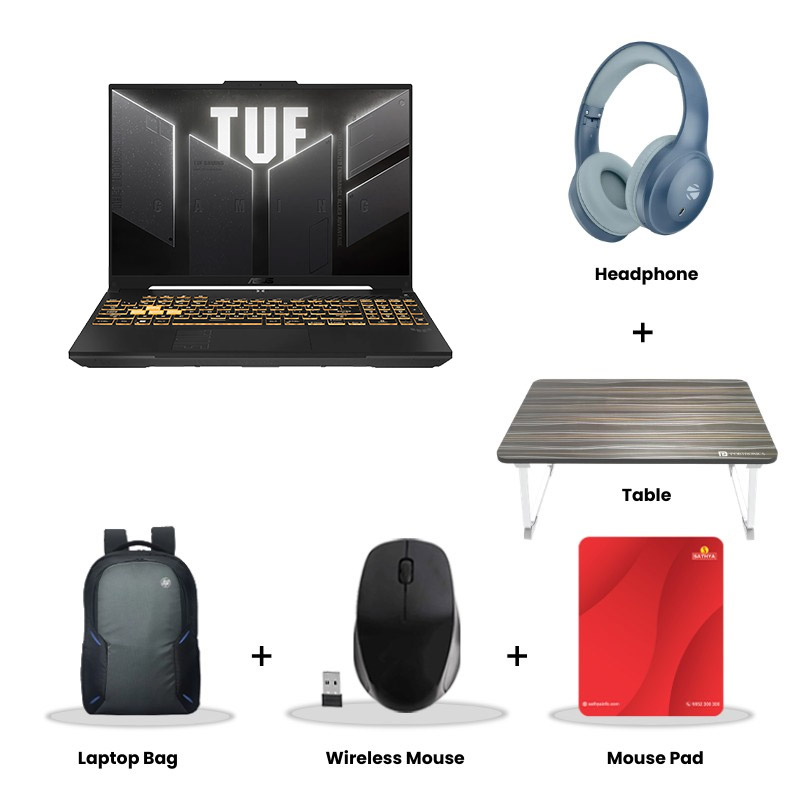 Asus   TUF Gaming F16 - Intel Core 5 210H 16" (40.64 cms) FX607VJB-RL215WS Gaming Laptop (16GB DDR5/ 1TB SSD/ Full HD Plus Display/ 6GB GDDR6 NVIDIA GeForce RTX 3050/ Windows 11 Home/ Microsoft Office Home 2024 + Microsoft 365 Basic) / 1 Year Warranty/ Mecha Gray/ 2.20 kg) Zebronics Paradise Neo R Headset + Wireless Mouse + Mouse Pad + Laptop Table + Laptop Bag