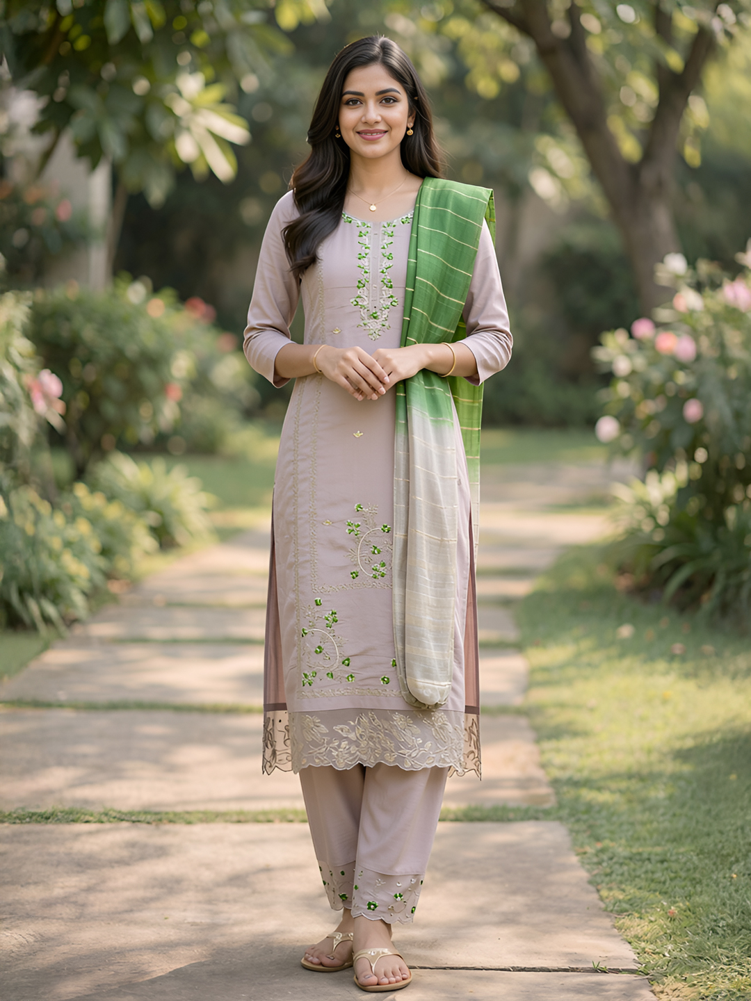 Floral Embroidery Ethnic Straight Cut  Salwar Suit Set