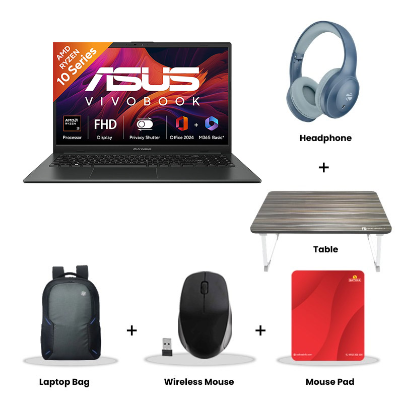 Asus Vivobook 15 - AMD Ryzen 3 30 15.6" (39.62cm)   E1504FA-BQ2114WS (8GB LPDDR5/ 512GB SSD/ Full HD Display/  AMD Radeon Graphics/ Windows 11 Home/Office Home 2024 + M365 Basic (1 Year Validity)/ 1Year Warranty/ Mixed Black/ 1.70 kg)  Zebronics  Paradise Neo R Headset +  Wireless Mouse + Mouse Pad + Laptop Table