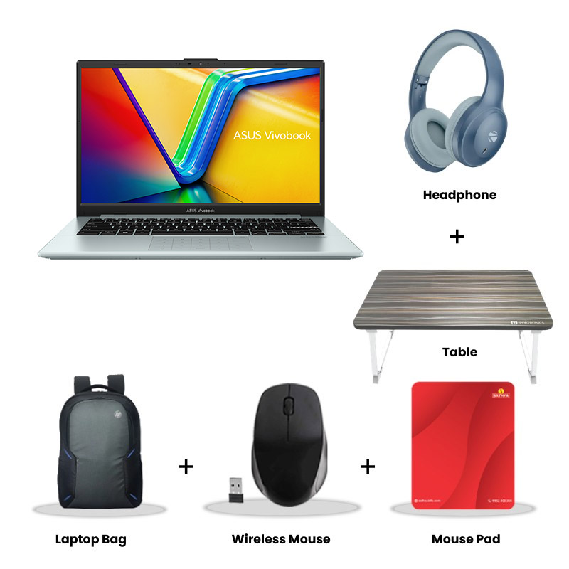 Asus Vivobook 15 -  AMD Ryzen 3 30 14" (35.56 cms) E1404FA-EB1236WS Thin & Light Laptop (8GB DDR5/ 512GB SSD/ Full HD Display/ AMD Radeon Graphics/ Windows 11 Home/Office Home 2024 + M365 Basic (1 Year Validity)/ 1Year Warranty/ Grey Green/  1.38 kg)  Zebronics  Paradise Neo R Headset +  Wireless Mouse + Mouse Pad + Laptop Table + Laptop Bag 