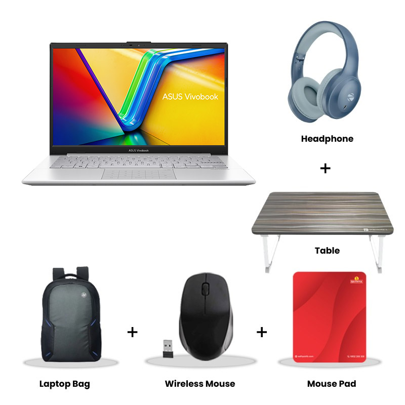 Asus  Vivobook 15 - AMD Ryzen 3 30 14" (35.56 cms) E1404FA-EB1224WS Thin & Light Laptop (8GB DDR5/ 512GB SSD/ Full HD Display/ Windows 11 Home/Office Home 2024 + M365 Basic (1 Year Validity)/ 1Year Warranty/ Cool Silver/ 1.38 kg)  Zebronics Paradise Neo R Headset + Wireless Mouse + Mouse Pad + Laptop Table + Laptop Bag
