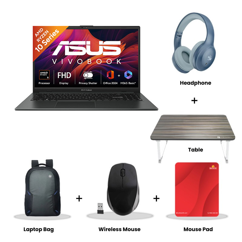 Asus Vivobook 15 - AMD Ryzen 5 40 15.6" (39.62cm) E1504FA-BQ2116WS Thin & Light Laptop (16GB DDR5/  512GB SSD/ Windows 11 Home/Office Home 2024 + M365 Basic (1 Year Validity)/ 1Year Warranty/ Mixed Black/ 1.70 kg)  Zebronics Paradise Neo R Headset + Wireless Mouse + Mouse Pad + Laptop Table + Laptop Bag