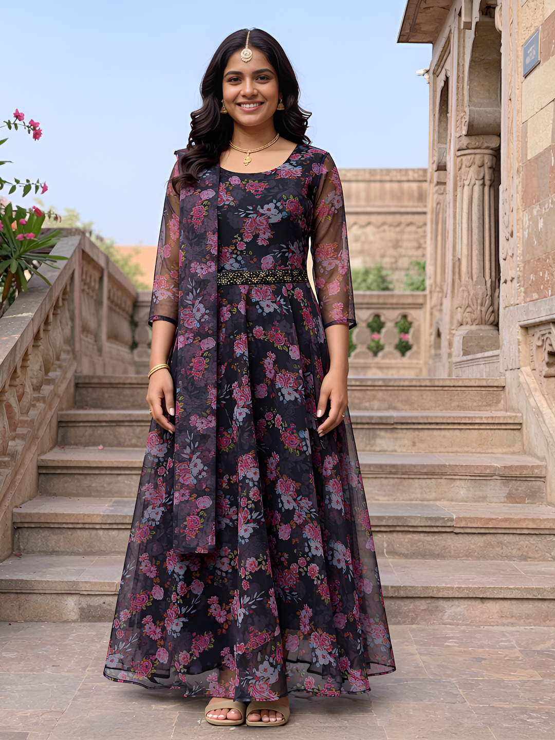 Floral Printed Full-Length Gown with Shawl