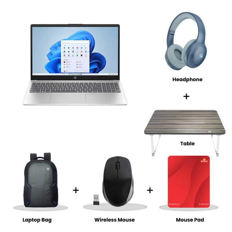  HP - Intel Core i3-1315U 15.6" (39.6 Cm) 15-fd0624TU Thin & Light Laptop (8GB DDR4/ 512GB SSD/  Intel UHD Graphics /Dual speakers /65 W AC power adapter/ Mic mute key/ Camera privacy shutter/Windows 11 Home/ MS Office/ 1Year Warranty/  Natural Silver/ 1.59 Kg)  Zebronics Paradise Neo R Headset + Wireless Mouse + Mouse Pad + Laptop Table + Laptop Bag