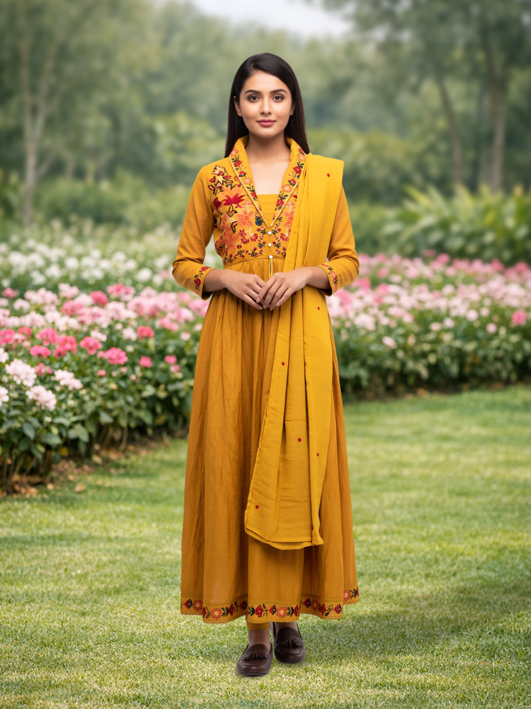 Embroidered Shawl-Collar V-neckline Anarkali Suit Set