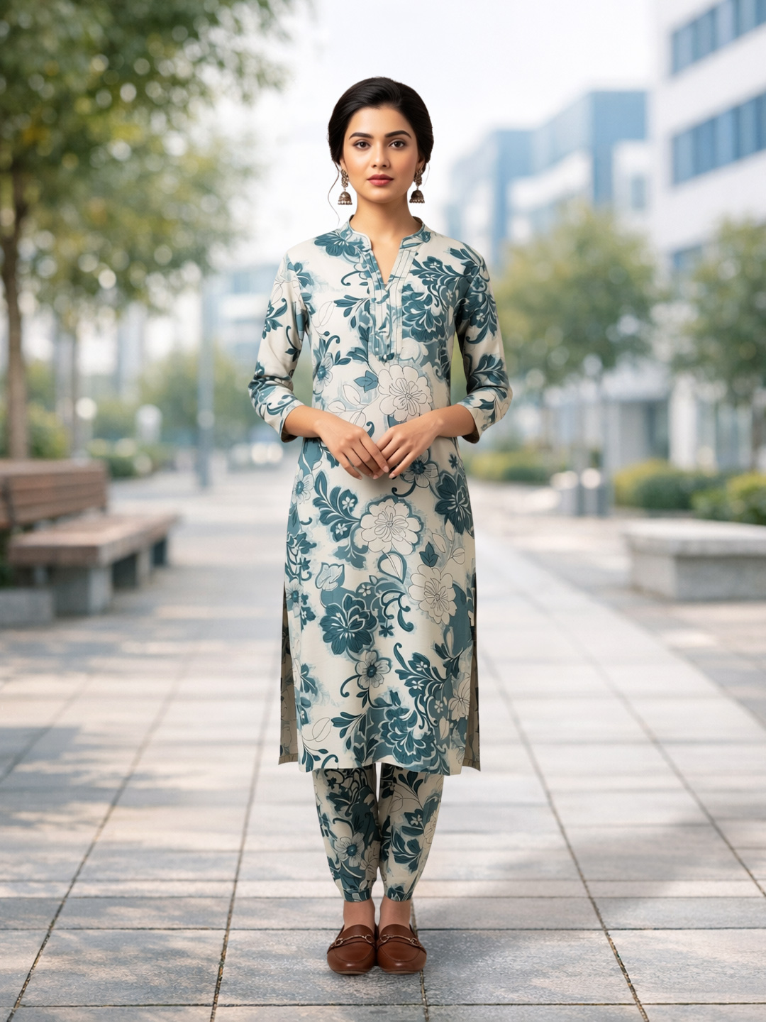 Floral Printed  Mandarin Collar Neckline Kurta with Pant Co-Ord Set