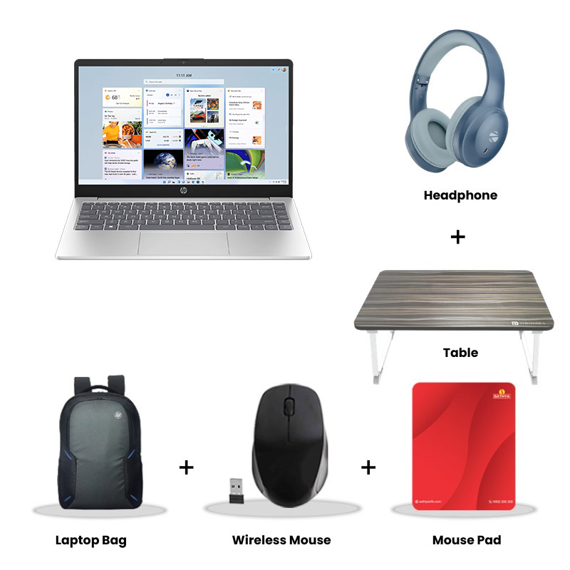 HP - Intel Core Ultra 7-155H 14" (35.6 cm) 14-ep1181TU Thin & Light Laptop (24GB DDR5/ 1TB SSD/ Full HD Display/ Intel Arc Graphics/ Backlit Keyboard/ Camera Privacy Shutter/ Mic mute key/ Anti-glare/ Windows 11 Home/ MSO 2024/ 1Year Warranty/ Natural silver/ 1.4 Kg) Zebronics Paradise Neo R Headset + Wireless Mouse + Mouse Pad + Laptop Table + Laptop Bag