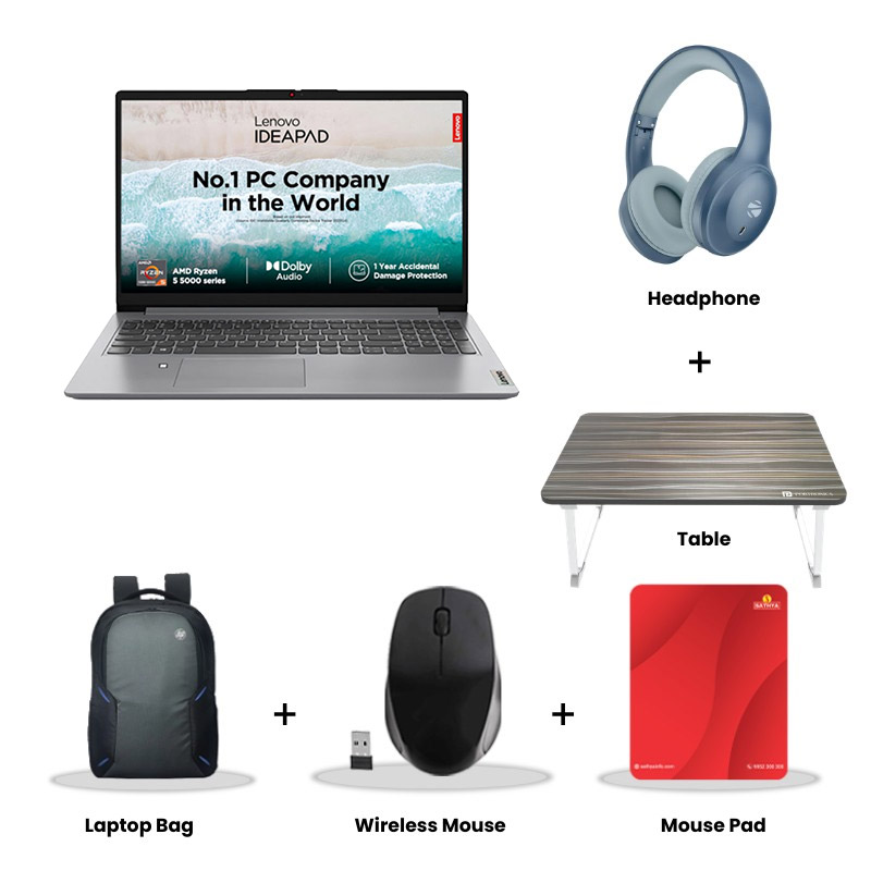 Lenovo  IdeaPad Slim 3 -  AMD Ryzen 5 7520U 15.6" (39.62 cm)  82XQ00W4IN Thin & Light Laptop (16GB / 512GB SSD/ Full HD Display/  Camera Privacy Shutter/ AMD Radeon 610M Graphics/ Anti-glare/ Windows 11 Home/ Microsoft 365 Basic + Office Home 2024/ 1Year Warranty/ Arctic Grey/ 1.62 kg)  Zebronics Paradise Neo R Headset + Wireless Mouse + Mouse Pad + Laptop Table + Laptop Bag
