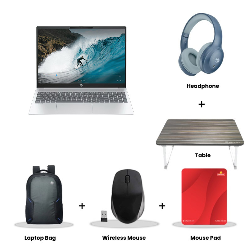 HP OmniBook 5 - AMD Ryzen AI 5 340 16" (40.6 cm) 16-ag1037AU Thin & Light Laptop (16GB/ 512GB SSD/ AMD Radeon 840M/ Backlit Keyboard/ Camera Privacy/ Windows 11 Home/ MS Office 2024/ 1Year Warranty/ Silver/ 1.79 kg)  Zebronics Paradise Neo R Headset + Wireless Mouse + Mouse Pad + Laptop Table + Laptop Bag