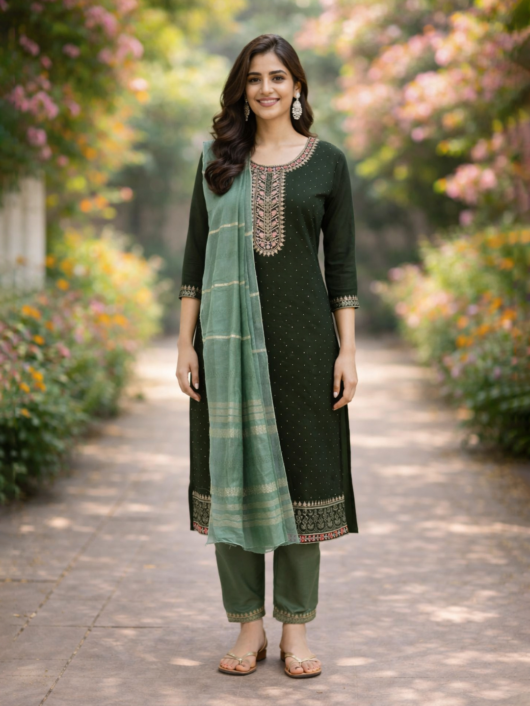 Elegant  Floral  Threadwork Embroidery  Stone Work Salwar Suit Set