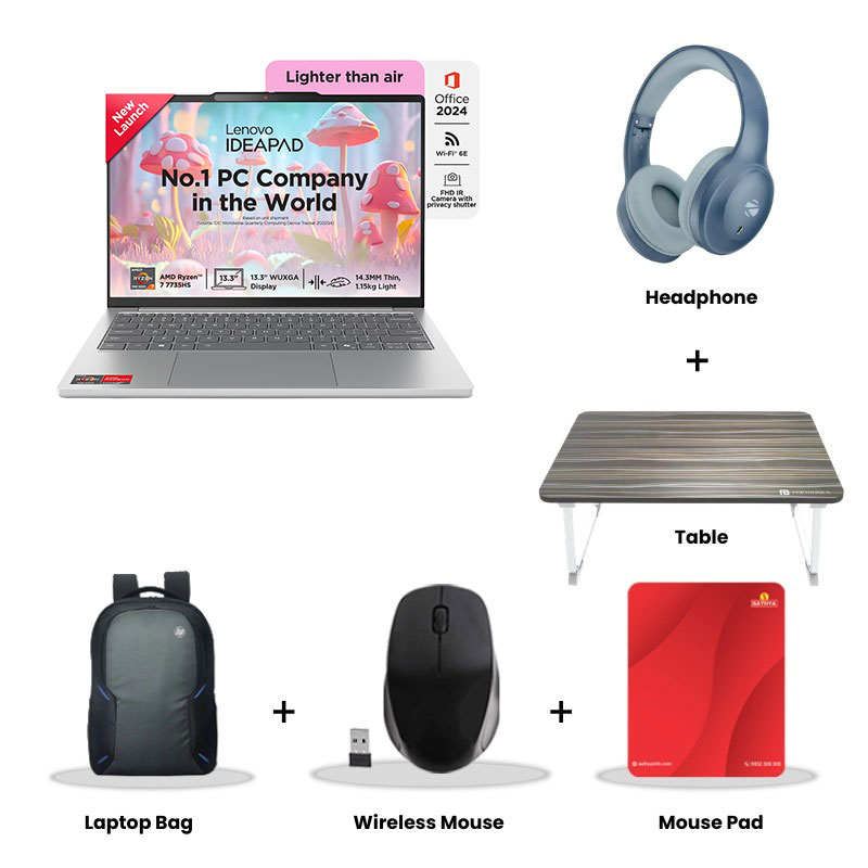 Lenovo IdeaPad Slim 5 - AMD Ryzen 7 7735HS 13.3" (33.7cm) 83J2000HIN Thin & Light Laptop (16GB/ 512GB SSD/ Integrated AMD Radeon 680M Graphics/ WUXGA IPS Display/ Windows 11 Home/ MS Office 2024/ Backlit Keyboard/ 1Year Warranty/ Grey/ 1.15Kg) Zebronics Paradise Neo R Headset + Wireless Mouse + Mouse Pad + Laptop Table + Laptop Bag