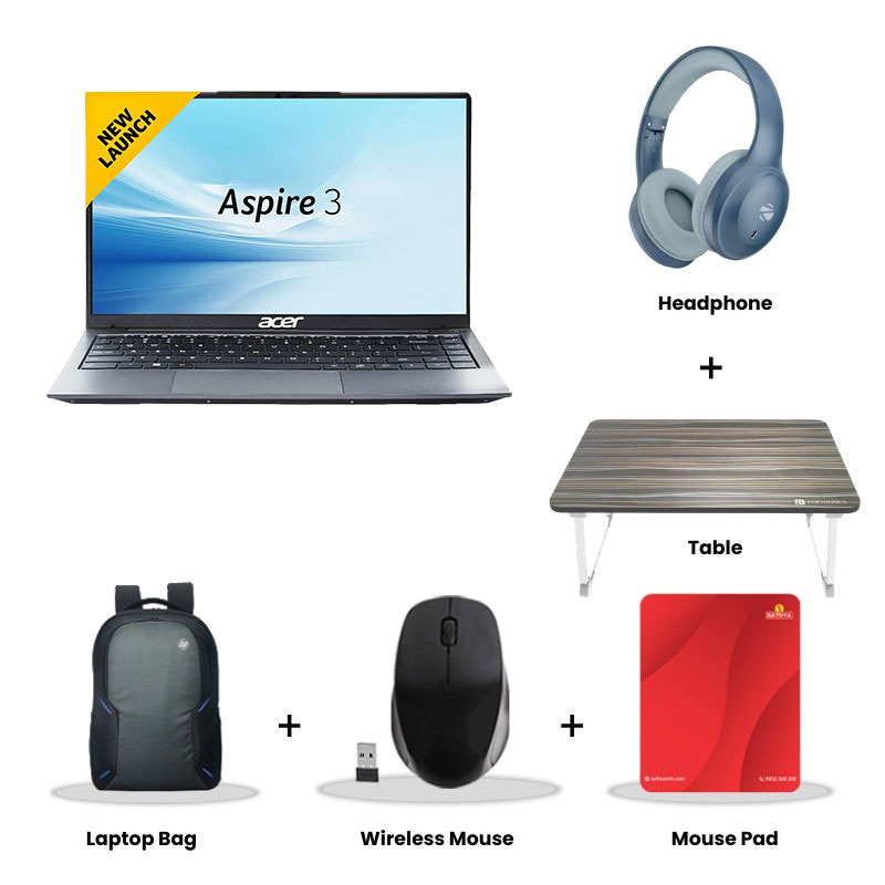 Acer Aspire 3 - Intel Core i5-1334U 15" (38.1 cm) A325-53 Thin and Light Laptop (8GB DDR4/ 500GB SSD/ Full HD IPS Display/ Intel UHD Graphics/ Windows 11 Home/ MS Office/ 1Year Warranty/  Silver/ 1.5 kg) Zebronics Paradise Neo R Headset + Wireless Mouse + Mouse Pad + Laptop Table + Laptop Bag