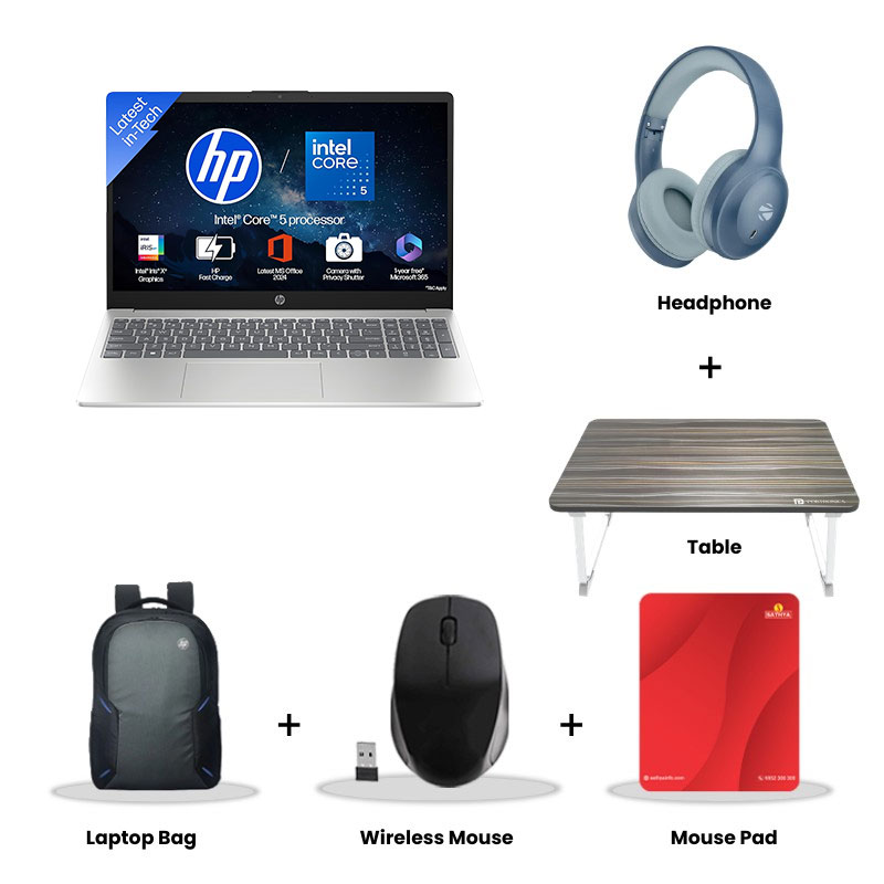 HP - Intel Core 5-120U 15.6" (39.6 cm) 15-fd0640TU Thin & Light Laptop (16GB/ 512GB SSD/ Full HD Display/ Intel Iris Xᵉ graphics/ Mic Mute key/ Camera Privacy Shutter/ Anti-glare/ Windows 11 Home/ MS Office/ Natural Silver/  1 Year Warranty/ 1.54 Kg)  Zebronics Paradise Neo R Headset + Wireless Mouse + Mouse Pad + Laptop Table + Laptop Bag