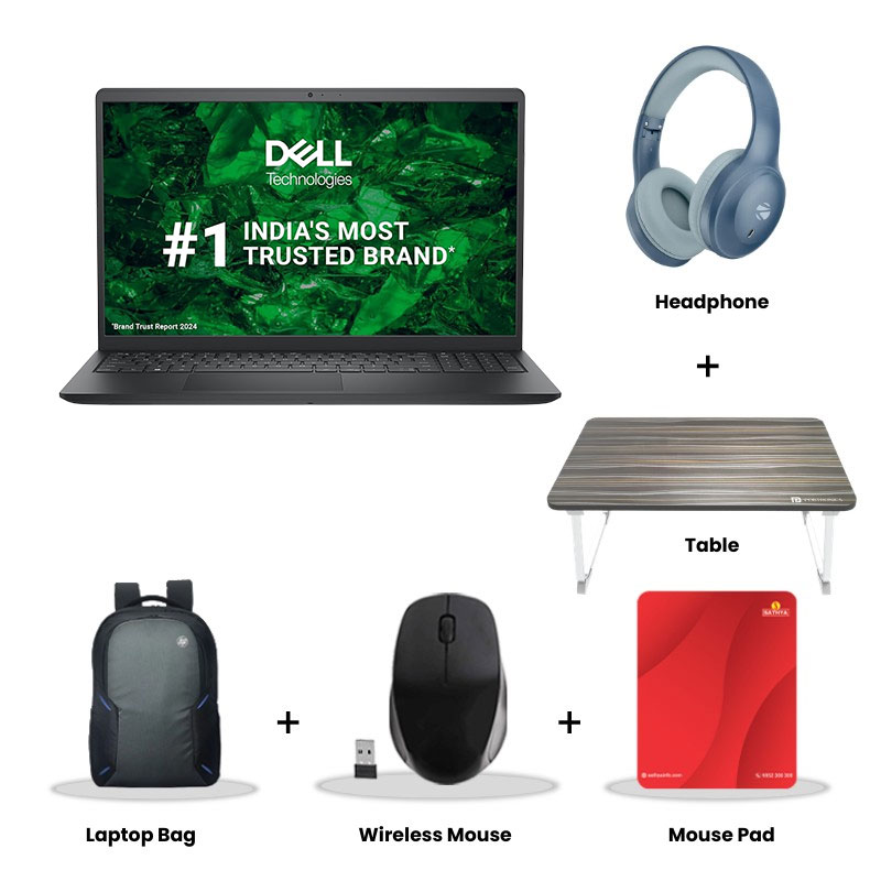 Dell 15 - AMD Ryzen 5-7520U 15.6" (39.62cm) Thin & Light Laptop (8GB LPDDR5/ 512GB SSD/ Full HD Display/ LED-Backlit Standard Keyboard/ Windows 11 Home/ Office Home 2024 + M365 Basic/ 1Year Warranty/ Carbon Black/ 1.67 Kg)  Zebronics Paradise Neo R Headset + Wireless Mouse + Mouse Pad + Laptop Table + Laptop Bag